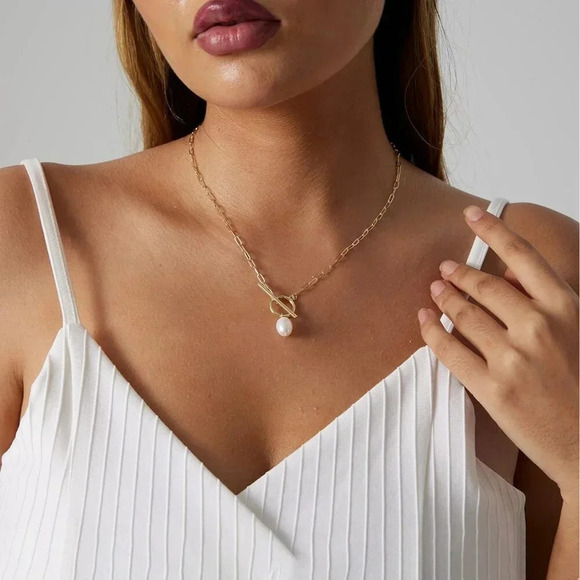 ❤️Women Gold Plated Half Chain Necklace Minimalist Pearl Cuban Chain Jewelry - Picture 3 of 6